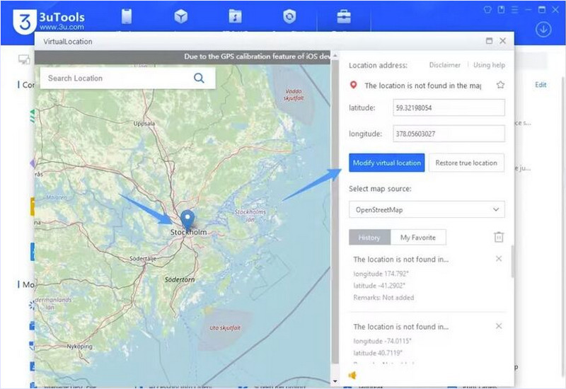 3utools Upravit virtuální umístění