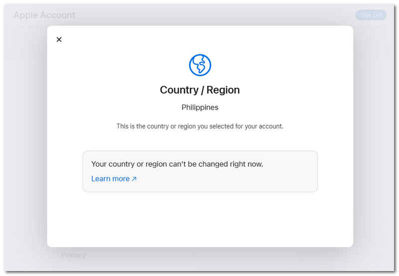Select New Country or Region