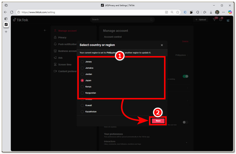 Select New Country Or Region